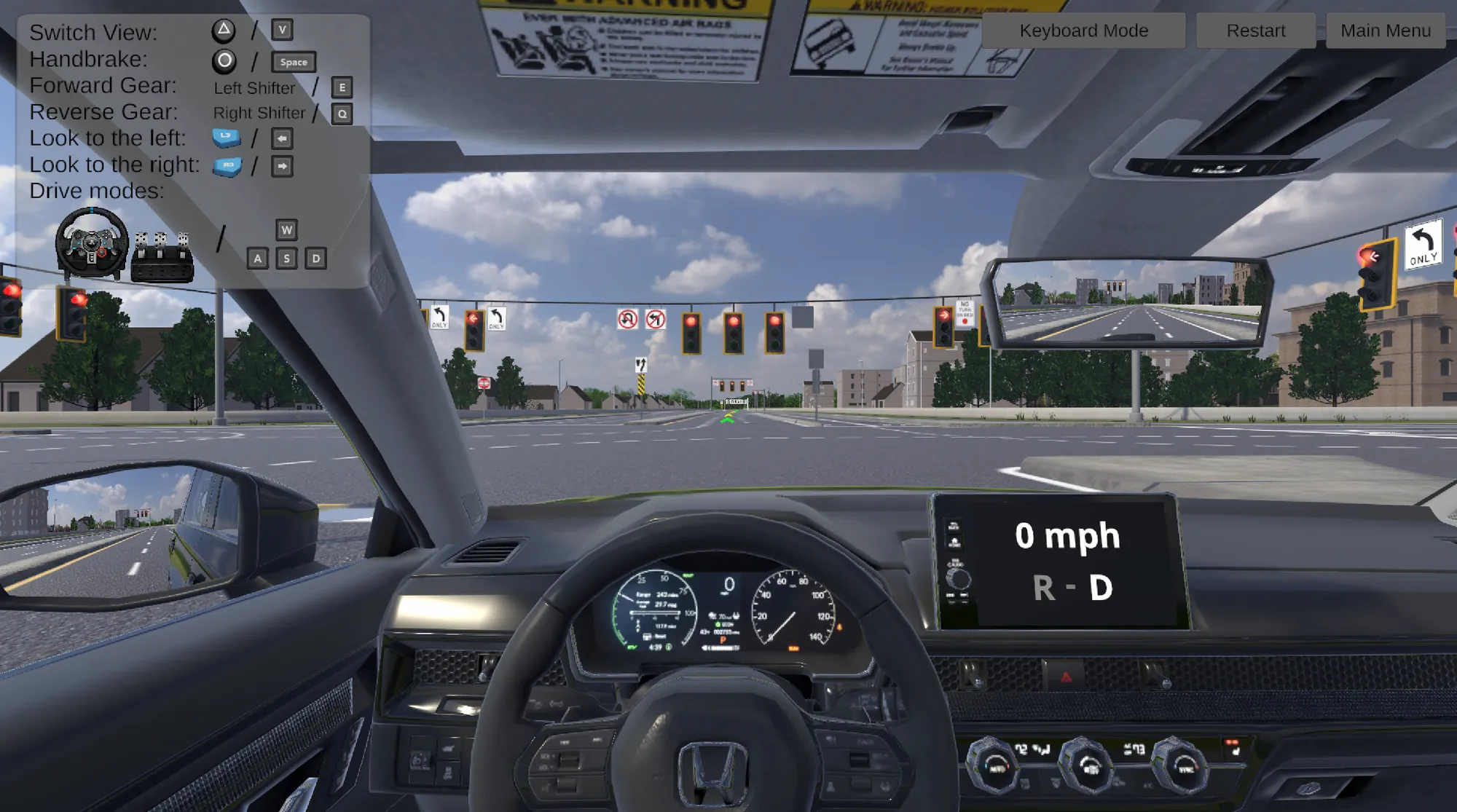 In-cabin view of a human driver waiting at a signal in the InterSim DLT digital twin